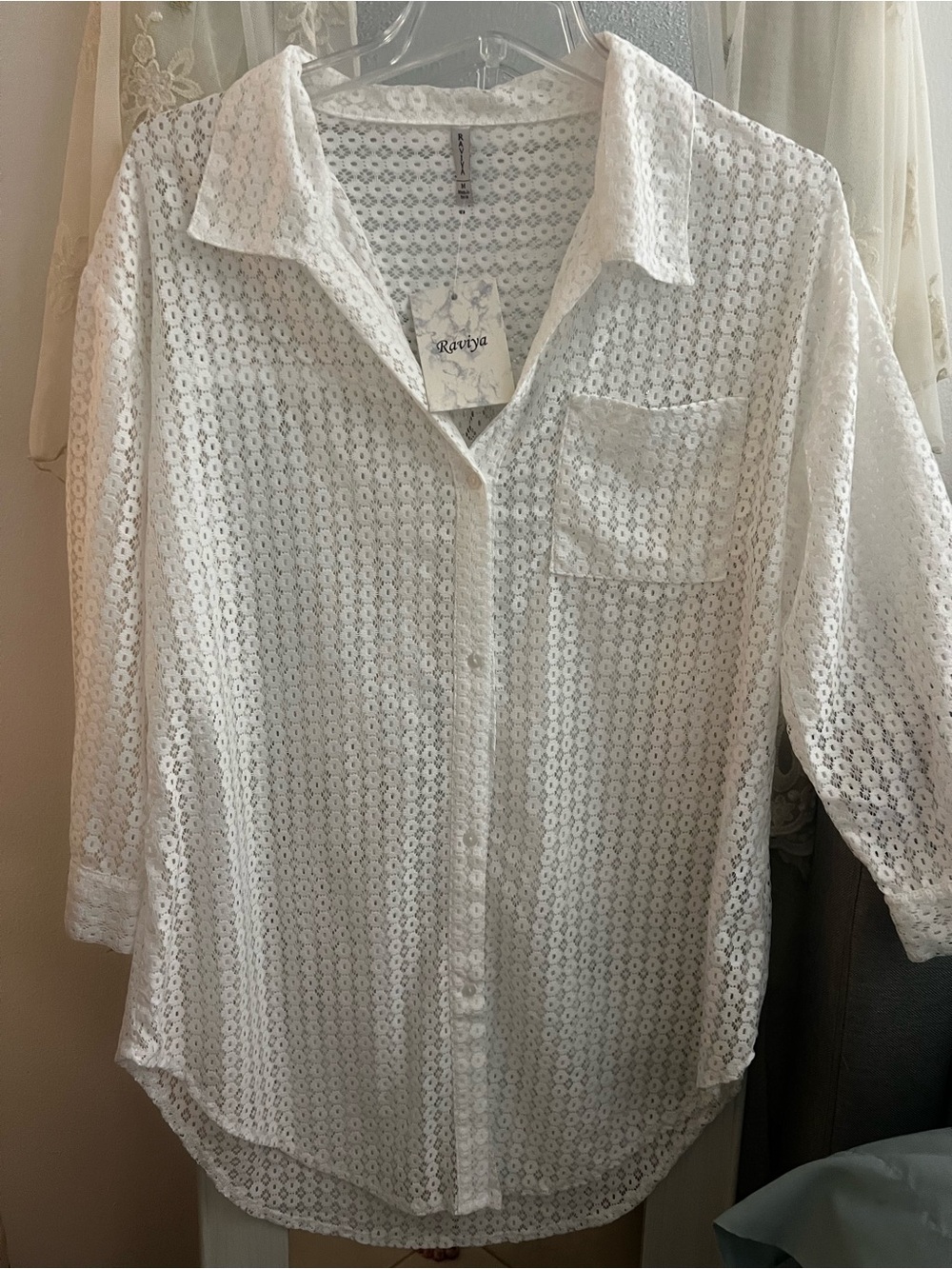 Raviya White Eyelet Button-Front Swim Coverup Shirt